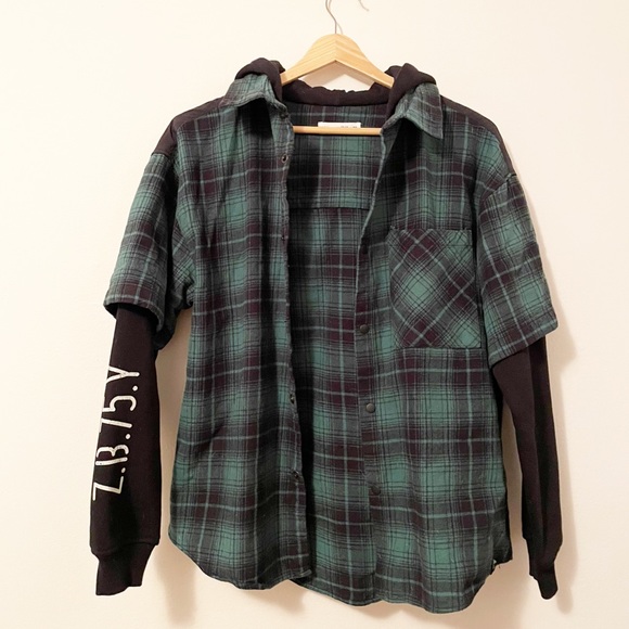 Zara kids green and black plaid button down hoodie shirt size 13-14 - Picture 3 of 9